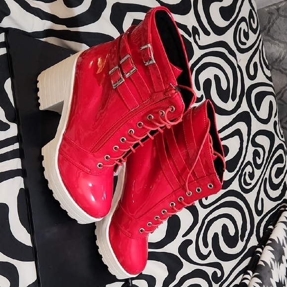 Shoes - Red and White Lace Up Boots with Chunky Sole. NWOT.